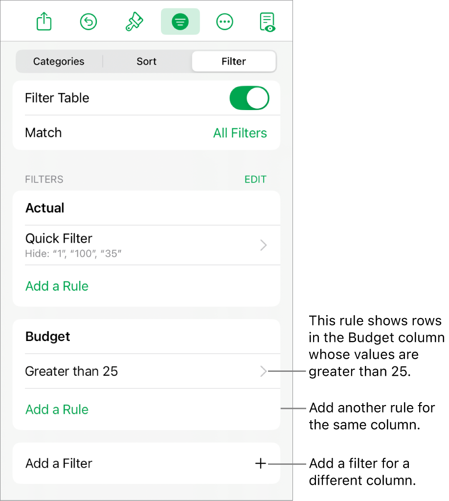 Controls for adding new filtering rules or editing existing ones.