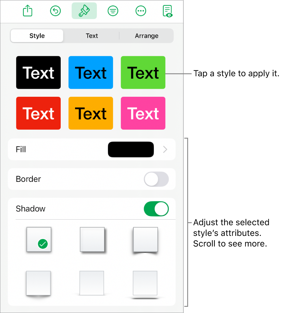 The Style tab of the Format menu with shape styles at the top and controls below them to change the fill, border and shadow.