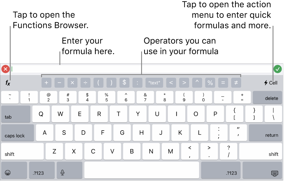 The formula keyboard, with the Formula Editor at the top, and the operators used in formulas below it. The Functions button for opening the Functions Browser is to the left of the operators, and the Action menu button is to the right.