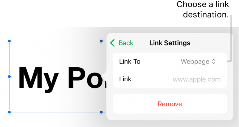 The Link Settings controls with Webpage selected, and the Remove button at the bottom.