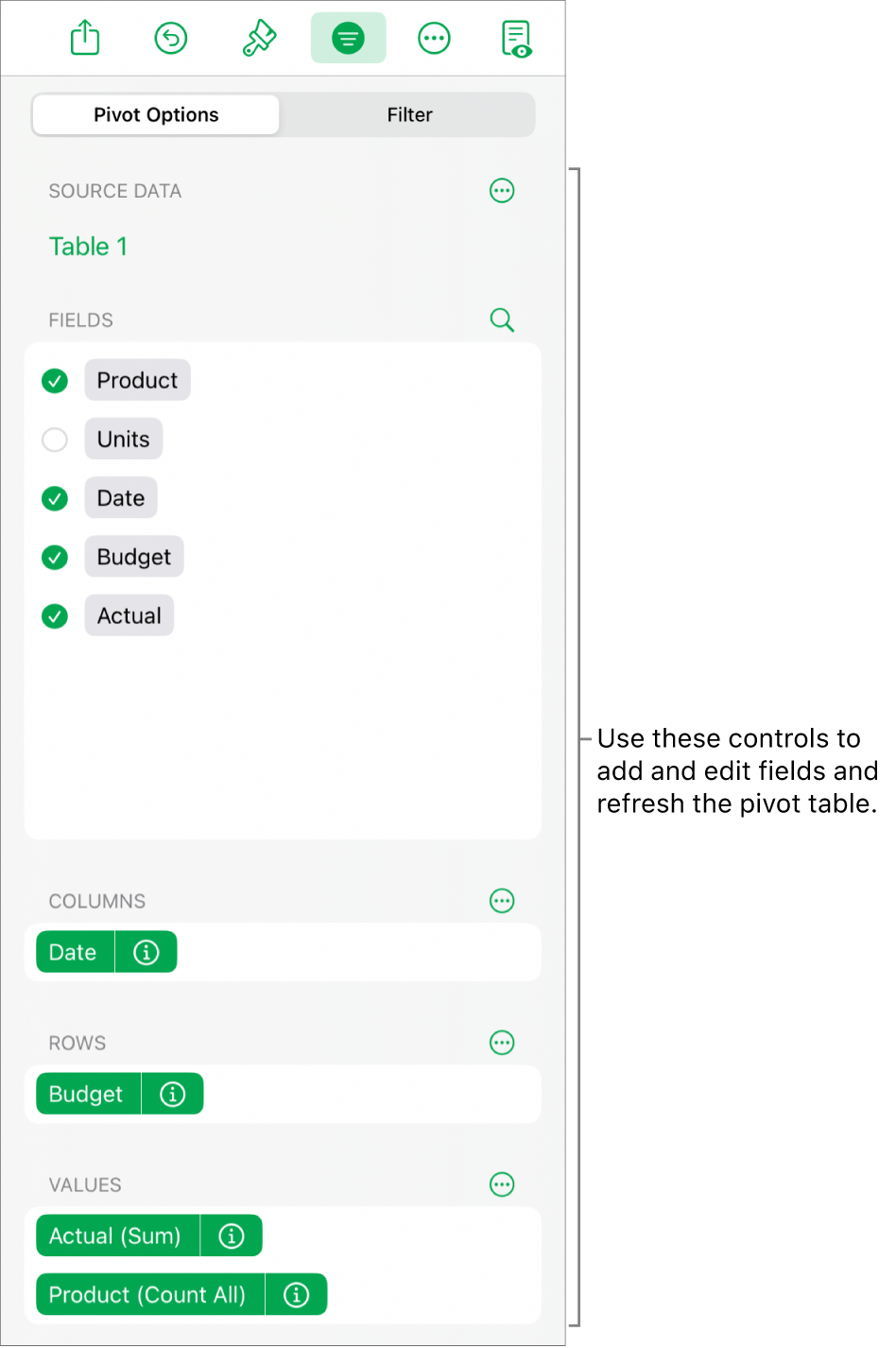 The Pivot Options menu showing fields in the Columns, Rows, and Values sections, as well as controls to edit the fields.