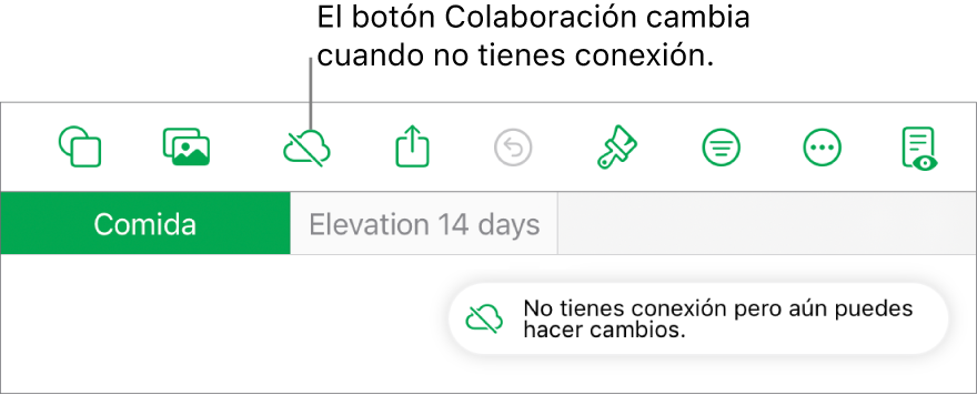 Los botones en la parte superior de la pantalla, donde el botón Colaboración cambió a una nube con una línea diagonal que la atraviesa. Una alerta en la pantalla muestra el mensaje: No tienes conexión pero aún puedes hacer cambios.