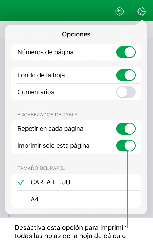 El panel de vista previa de impresión, con controles para mostrar los números de página, repetir los encabezados en cada página, cambiar el tamaño de papel y optar por imprimir toda la hoja de cálculo o sólo la hoja actual.