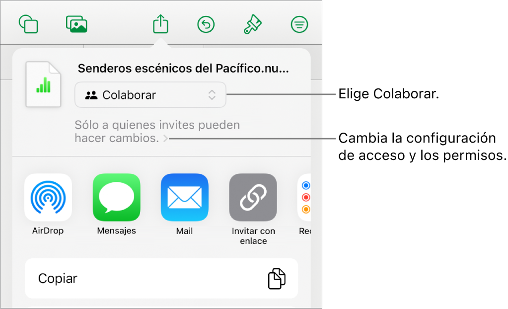 El menú Compartir con la opción Colaborar seleccionada en la parte superior, y la configuración de acceso y permisos debajo.