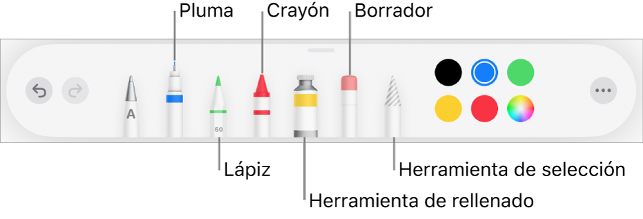 La barra de herramientas de dibujo con bolígrafo, lápiz, crayón, herramienta de rellenado, goma de borrar, herramienta de selección y la paleta de colores mostrando el color actual. El botón del menú Más está en el extremo derecho.