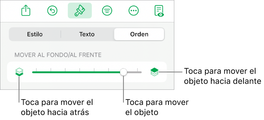 Botón Mover hacia atrás, botón Mover hacia delante y regulador de capa.