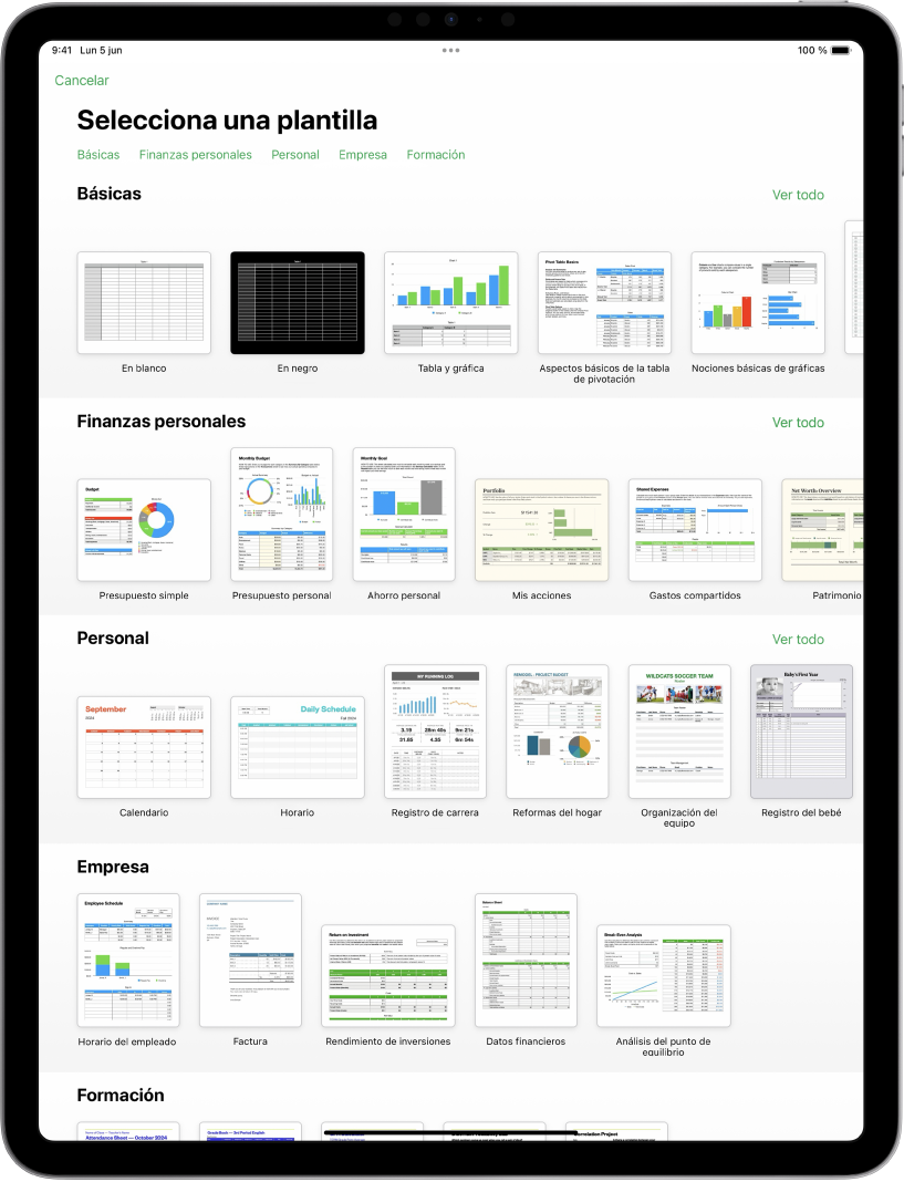 El selector de plantilla, mostrando una fila de categorías a lo largo de la parte superior en la que puedes tocar para filtrar las opciones. Debajo aparecen miniaturas de plantillas prediseñadas organizadas en filas por categorías, empezando por Recientes en la parte superior y seguida por Básicas y “Finanzas personales”. Por encima y a la derecha de cada fila de categoría aparece un botón “Ver todo”. El botón “Idioma y región” se encuentra en la esquina superior derecha.