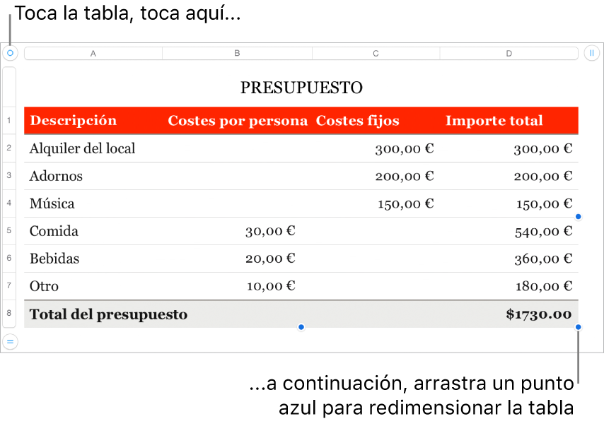 Una tabla seleccionada con puntos azules para redimensionarla.