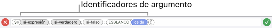 El editor de fórmulas con una función e identificadores de argumentos.
