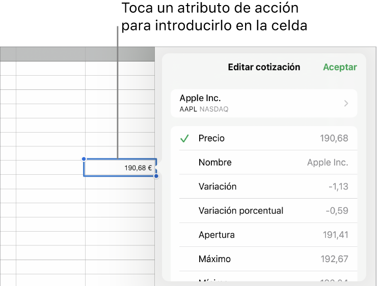 El menú desplegable de cotización de acciones, con el nombre de la acción en la parte de arriba y una lista de atributos de cotización seleccionables (precio, nombre, variación, variación porcentual, apertura y máximo) debajo.