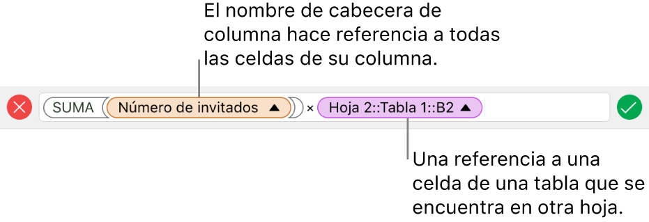 El editor de fórmulas con una fórmula que hace referencia a una columna de una tabla y una celda de otra tabla.