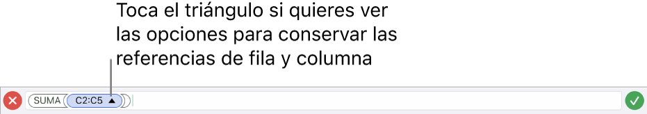 Editor de fórmulas indicando cómo conservar las referencias a filas y columnas cuando se copia o traslada la celda.