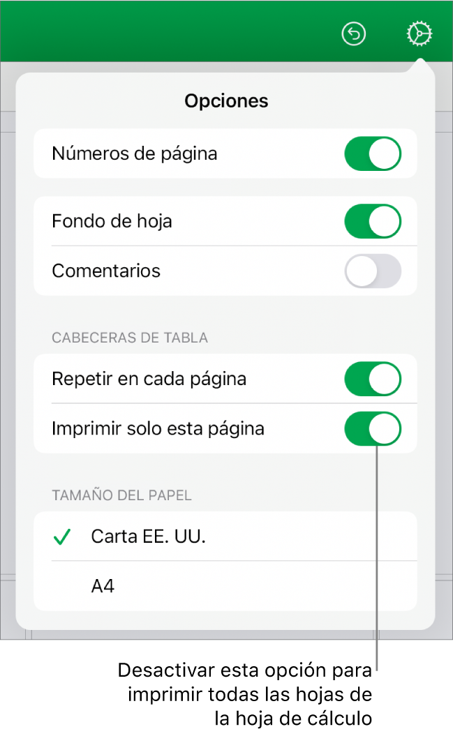 El panel de vista previa de impresión, con controles para mostrar los números de página, repetir las cabeceras en cada página, cambiar el tamaño de papel y optar por imprimir toda la hoja de cálculo o solo la hoja actual.