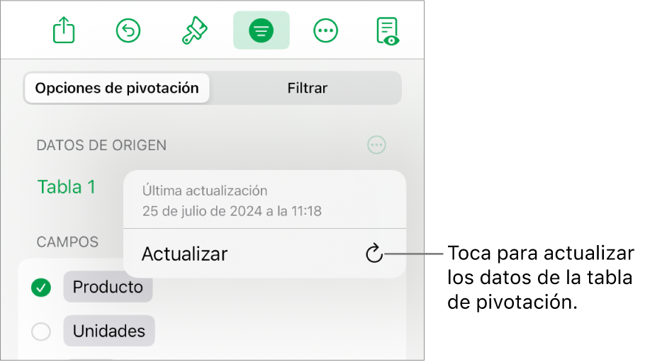 Pestaña “Opciones de pivotación” que muestra la opción de actualizar la tabla de pivotación.