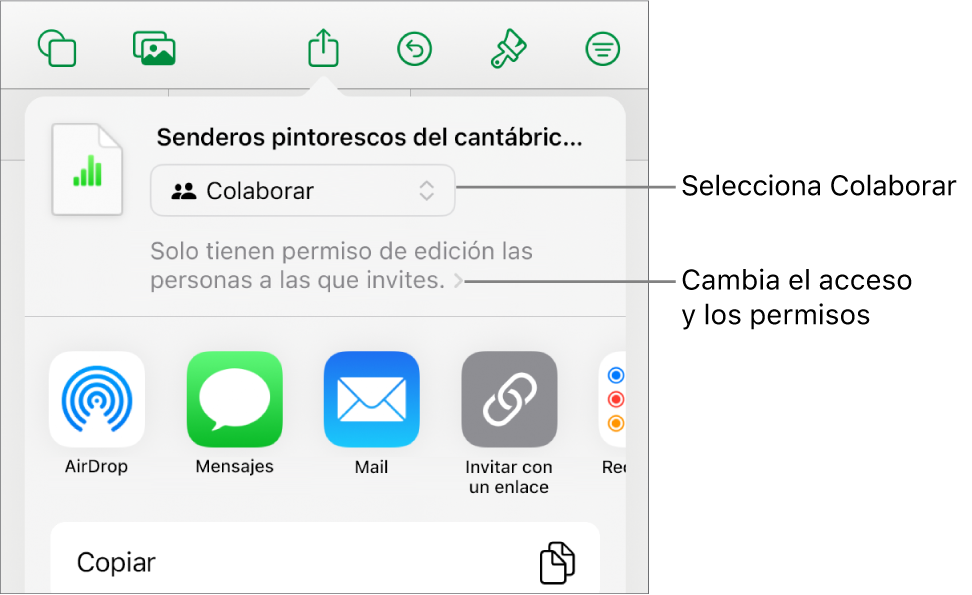 El menú Compartir con la opción Colaborar seleccionada en la parte superior y los ajustes de acceso y permisos debajo.