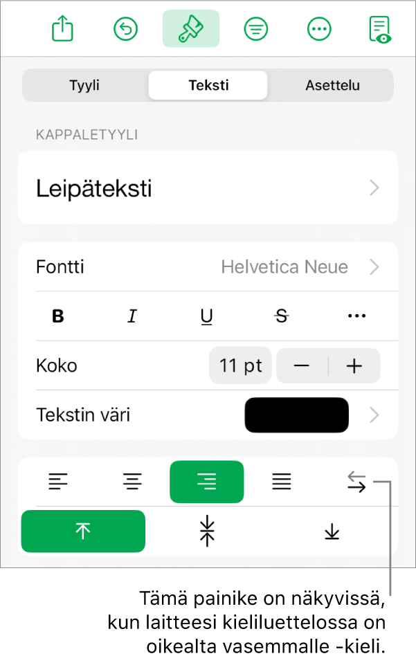 Muoto-painikkeen Tyyli-valikko ja Oikealta vasemmalle -painikkeen selite.