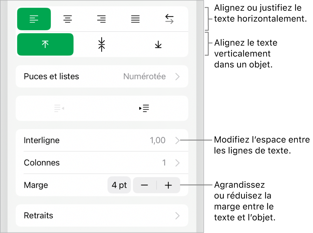 Section de mise en page de l’inspecteur de format avec les légendes des boutons d’alignement et d’espacement de texte.