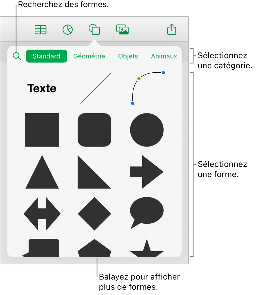 Bibliothèque de formes, les catégories étant affichées en haut et les formes, en bas. Utilisez le champ de recherche situé en haut pour rechercher des formes. Balayez également l’écran pour en trouver d’autres.