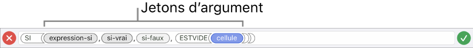 L’éditeur de formules affichant une fonction avec des jetons d’argument.