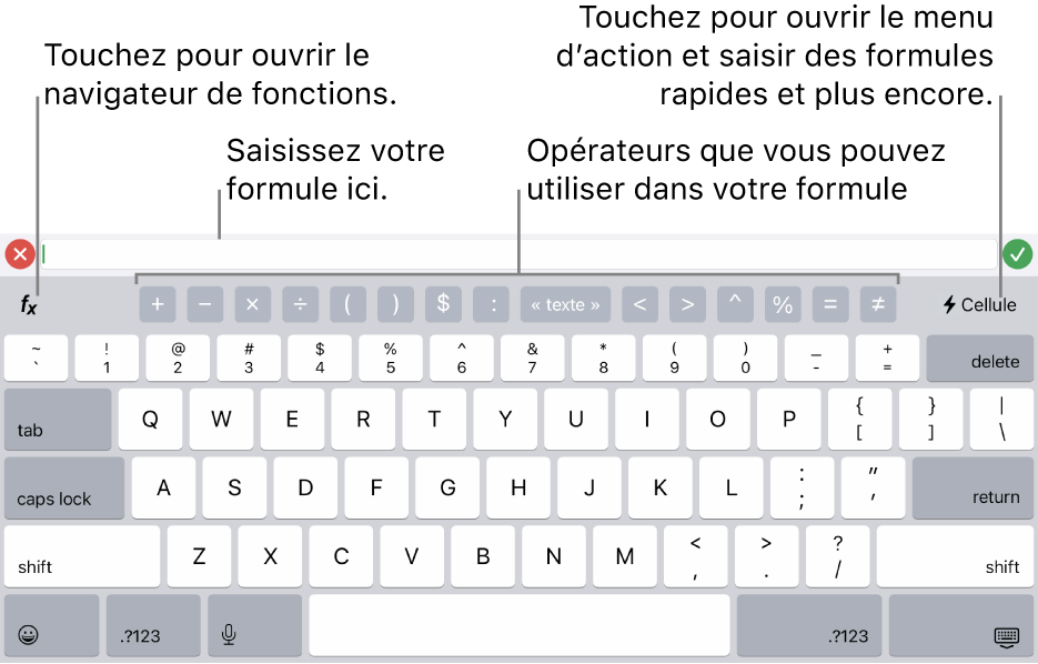 Le clavier des formules, avec l’éditeur de formules en haut et les opérateurs utilisés dans les formules en dessous de celui-ci. Le bouton Fonctions qui permet d’ouvrir le navigateur de fonctions se trouve à gauche des opérateurs et le bouton du menu d’action, à droite.