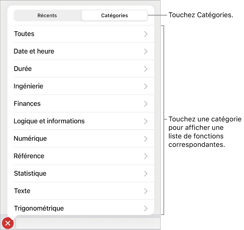 Le navigateur de fonctions avec le bouton Catégories sélectionné et la liste des catégories en dessous.