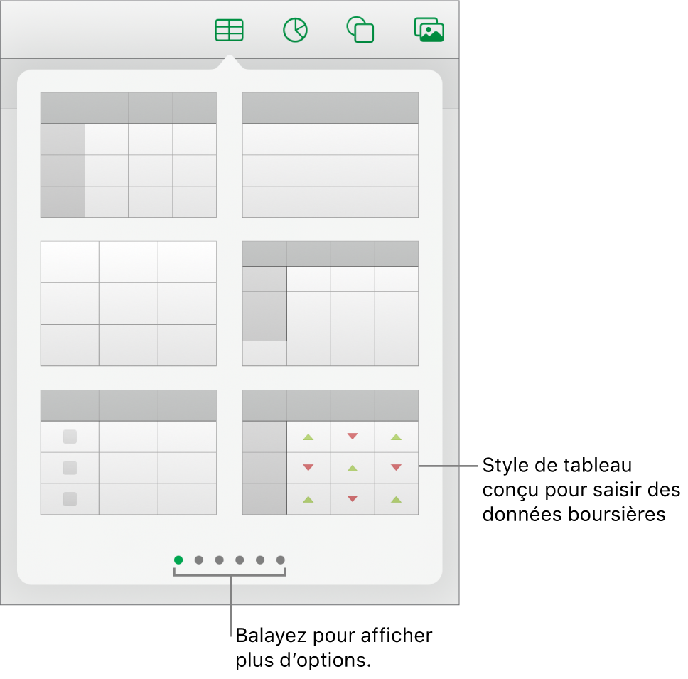 Le bouton Tableau sélectionné, avec les styles de tableau affichés en dessous.