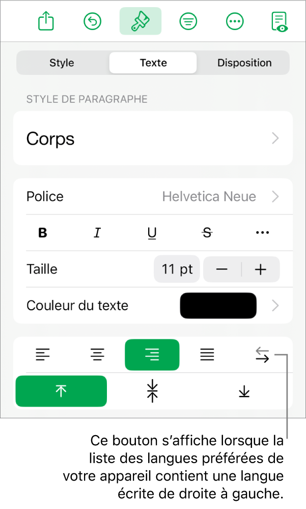 La section Style du menu Format avec une légende pour le bouton « Droite à gauche ».