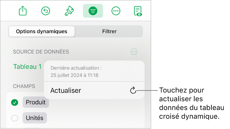 Menu Options dynamiques affichant l’option d’actualisation du tableau croisé dynamique.