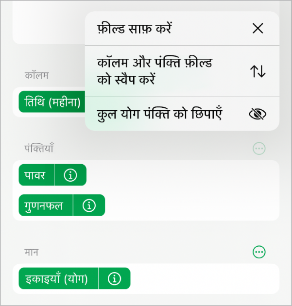 अधिक फ़ील्ड विकल्प मेनू जो कुल योग को छिपाने, कॉलम और पंक्ति फ़ील्ड को स्वैप करने और फ़ील्ड को साफ़ करने के लिए नियंत्रण दिखाता है।