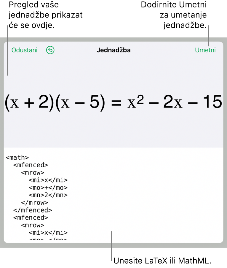 Dijaloški okvir Jednadžba koji prikazuje jednadžbu napisanu korištenjem MathML naredbi i prikaz gornje formule.