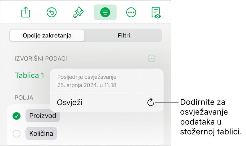 Izbornik Opcije zakretanja prikazuje opciju za osvježavanje zaokretne tablice.
