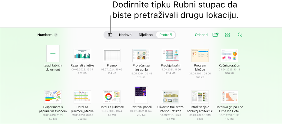 Prikaz pretraživanja upravljanja dokumentima s tipkom Rubni stupac u gornjem lijevom kutu. U gornjem desnom kutu nalazi se tipka Dodaj, tipka Nova mapa, tipka Ikone (za sortiranje prema imenu, datumu, veličini ili tagu), tipka Odaberi i tipka Pretraži.