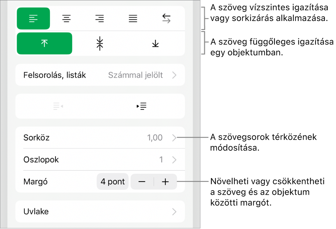 A Formátumvizsgáló Elrendezés szakasza a szövegigazítási és térközbeállítási gombokat jelölő feliratokkal.