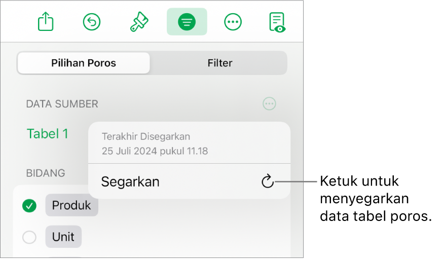 Menu Pilihan Poros menampilkan pilihan untuk menyegarkan tabel poros.