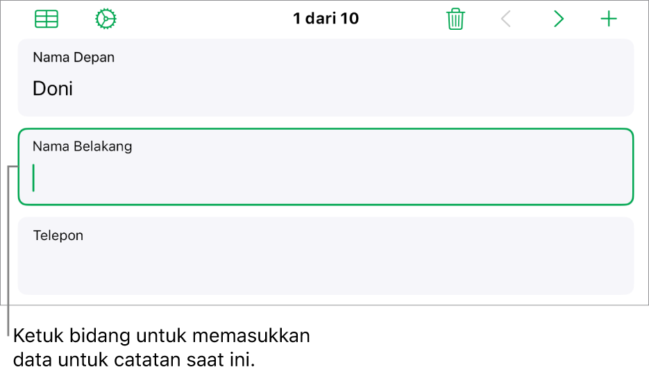 Catatan di formulir menampilkan bidang aktif dengan titik penyisipan.