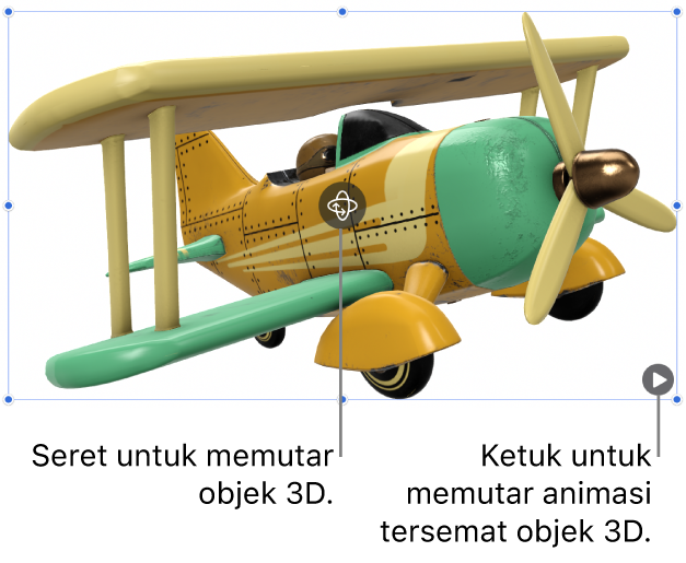 Objek 3D dengan tombol Putar di bagian tengah objek, dan tombol Putar di pojok kanan bawah.