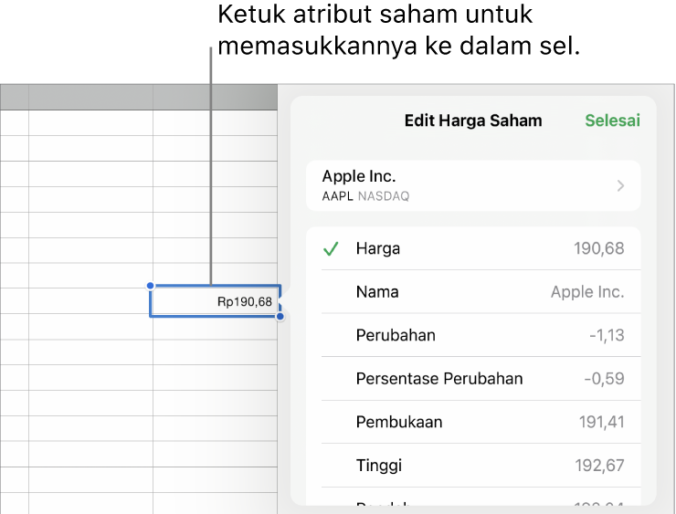 Popover harga saham, dengan nama saham di bagian atas, dan atribut saham yang dapat dipilih meliputi harga, nama, perubahan, persentase perubahan, pembukaan, dan tinggi dicantumkan di bawah.