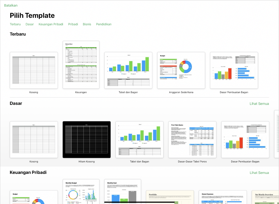 Pemilih template, menampilkan baris kategori di sepanjang bagian atas yang dapat Anda ketuk untuk memfilter pilihan. Di bawah ini adalah gambar mini template yang dirancang sebelumnya yang diatur menurut kategori, dimulai dengan Dasar di bagian atas dan diikuti oleh Keuangan Pribadi, Pribadi, Bisnis, dan Pendidikan. Tombol Lihat Semua muncul di atas dan di sebelah kanan setiap baris kategori. Tombol Batalkan berada di pojok kiri atas.