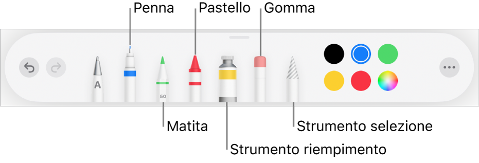 La barra strumenti da disegno con una penna, una matita, un pastello, uno strumento di riempimento, una gomma e uno strumento di selezione colore che mostra il colore attuale. All’estrema destra si trova il pulsante del menu Altro