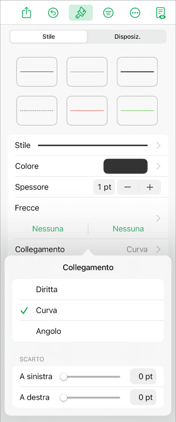 I controlli Connessione con Curva selezionato.