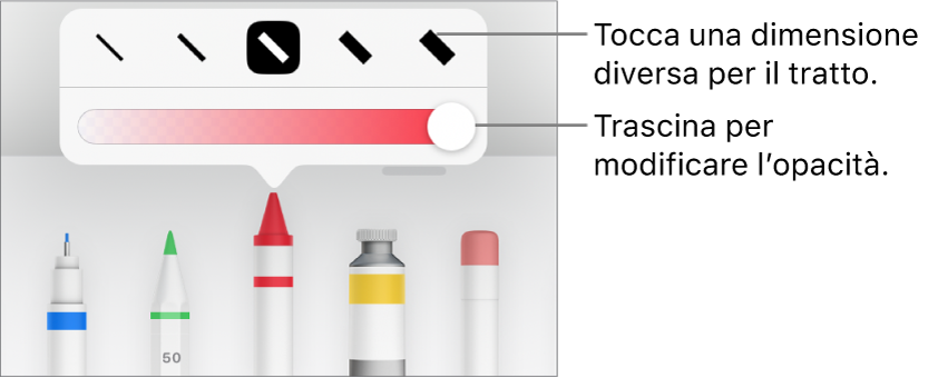 Controlli per scegliere una dimensione tratto e cursore per regolare l’opacità.