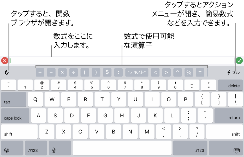 数式キーボード。一番上に数式エディタ、その下には数式に使用される演算子が表示されています。演算子の左側には関数ブラウザを操作する「関数」ボタン、右側にはアクションメニューボタンが表示されています。