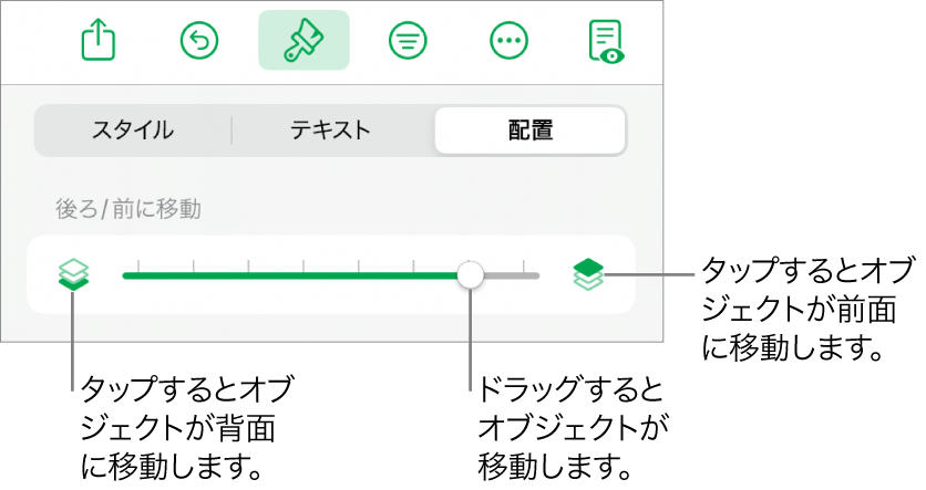 後ろに移動ボタン、前に移動ボタン、およびレイヤーのスライダ。