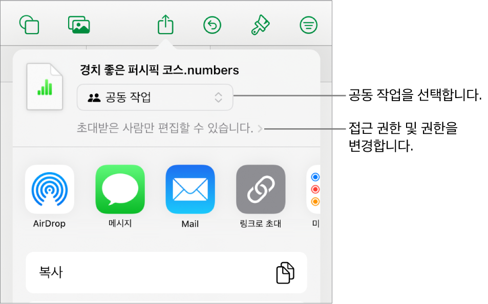 상단에 공동 작업이 선택되어 있는 공유 메뉴가 있고, 그 아래에는 접근 및 권한 설정이 있음.