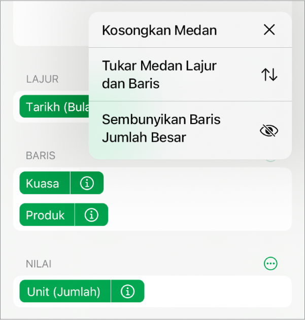 Menu Lagi Pilihan Medan, menunjukkan kawalan untuk menyembunyikan jumlah besar, menukar medan lajur dan baris, serta mengosongkan medan.