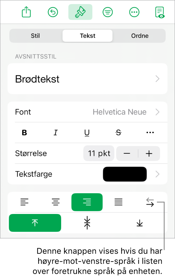 Stil-delen for Format-menyen med en bildeforklaring for Høyre til venstre-knappen.