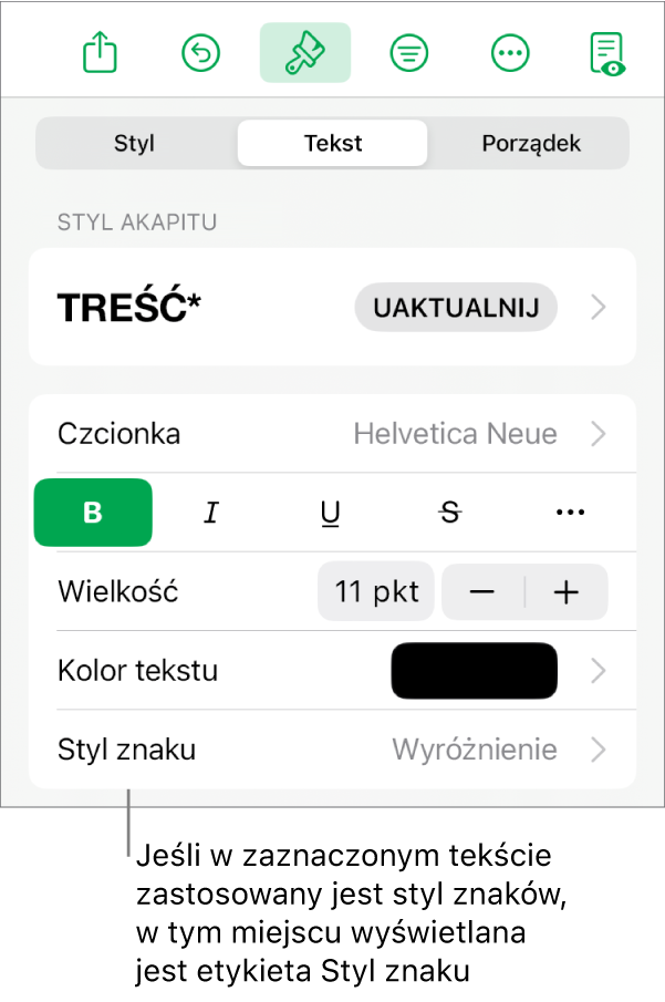 Narzędzia formatowania tekstu oraz menu stylów znaków widoczne poniżej narzędzi koloru. Styl znaków Brak wyświetlany jest z gwiazdką.