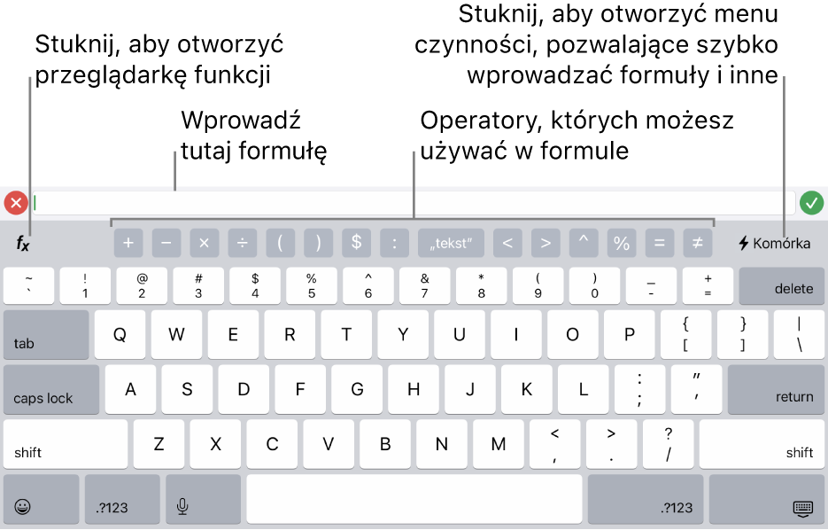 Klawiatura formuł z widocznym u góry edytorem formuł oraz widocznymi poniżej operatorami używanymi w formułach. Przycisk Funkcje, otwierający przeglądarkę funkcji, znajduje się po lewej stronie operatorów, a przycisk Czynności widoczny jest po prawej.