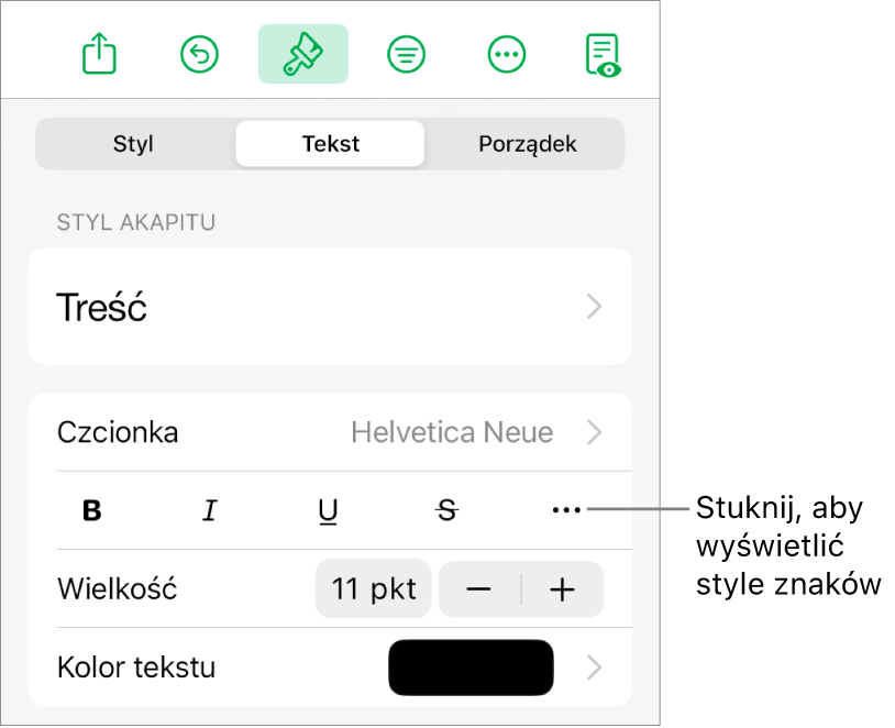 Narzędzia formatowania. Na samej górze widoczne są style akapitu, a poniżej znajdują się narzędzia czcionki. Pod narzędziami czcionki widoczne są przyciski Pogrubienie, Kursywa, Podkreślenie, Przekreślenie oraz Więcej opcji tekstu.