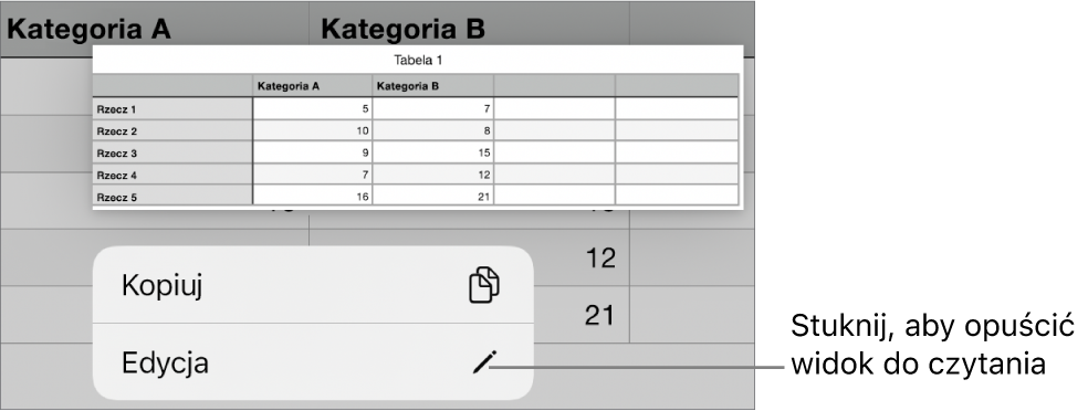 Zaznaczona komórka tabeli z widocznym powyżej menu kontekstowym zawierającym przyciski Kopiuj oraz Edycja.